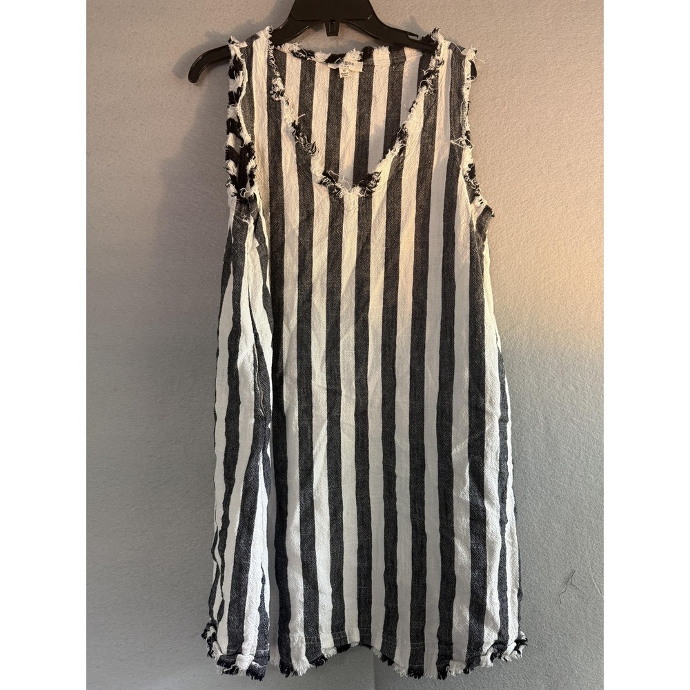 Umgee Dress Womens M Black White Stripe V‎ Neck Sleeveless Shift Fringe Pockets